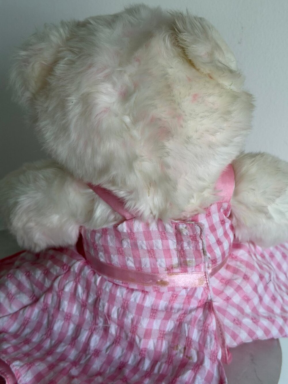 Build A Bear White Pink Marbled Teddy Bear Gingham Dress Stuffed Animal Y2K - Picture 11 of 15
